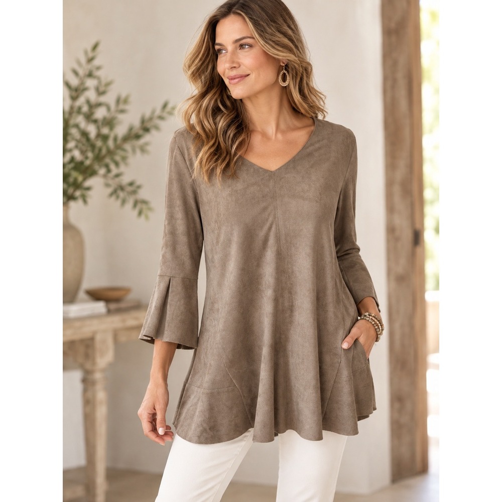 Soft Surroundings Top Womens Faux Suede Bell Sleeve V-Neck Taupe Brown Small